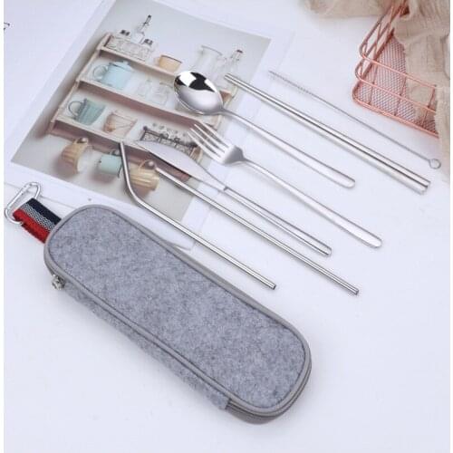 1SET Dinnerware Set Camping Cutlery Travel Silverware Reusable Utensils Metal Straw Spoon Fork Chopsticks Portable Case QA 152