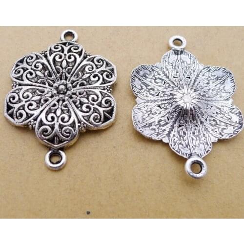 4 pieces/lot 41*31mm Retro style Rose Flower Charm Necklace Bracelet Key chain Pendant Connector Antique silver color metal DIY