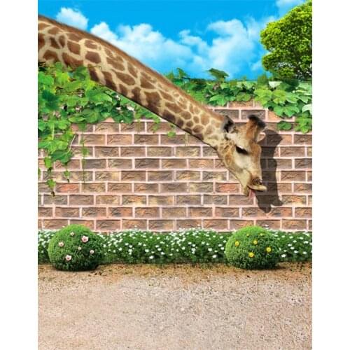 5x7ft Brick Wall Green Grass Tree Giraffe Photography Backdrops Photo Props Studio Background