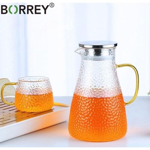 BORREY Transparent Glass Water Jug Hot Cold Water Stainless Steel Flow Lid Water Carafe with Handle Heat-proof Teapot Cup Set