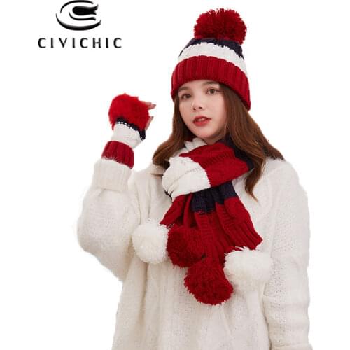 CIVICHIC Korean Style Winter Color Knit Warm Scarf Hat Gloves 3 Piece Set Elegant Crochet Thicken Headwear Twist Shawl SH124