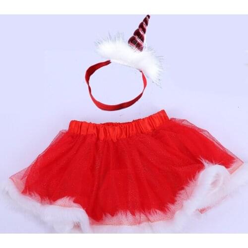 Kids Girl Christmas Costume Red Ballet Skirt Mesh Plush Feather Brim Tutu Hair Hoop Set Party Children Gift Decoration