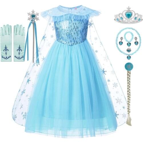 Kids Elsa Party Tutu Dress Girls Birthday Princess Ball Gown Halloween Snow Queen Robe Sequined Frock Fancy Elza Cosplay Costume