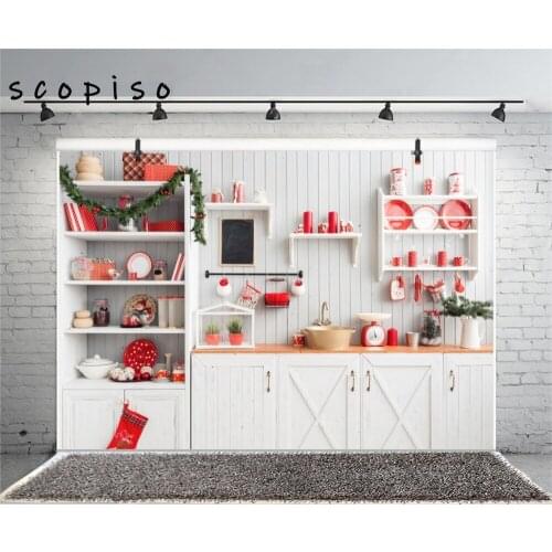 Scopiso Photography Backdrop Interior Room Scene Cabinet Kitchen Decoration Christmas Tree Light Photo Background Studio Prop