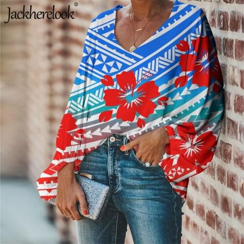 Jackherelook Large Size Gradient Chiffon Blouses for Womens Hawaii Hibiscus Polynesian Tattoo Brand Design Harajuku Shirts Tops