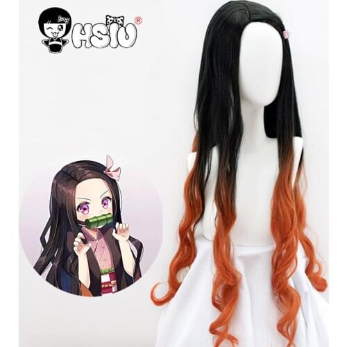 Kamado Nezuko cosplay wig Demon Slayer Kimetsu no Yaiba cosplay 「HSIU 」 and orange gradient long curly hair Fiber synthetic wig