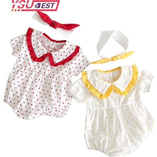 Summer Baby Bodysuit Jumpsuit Red Style Baby Girl Polka Dot Lapel Triangle Bodysuit Crawling Clothes Princess Baby Girl Clothes