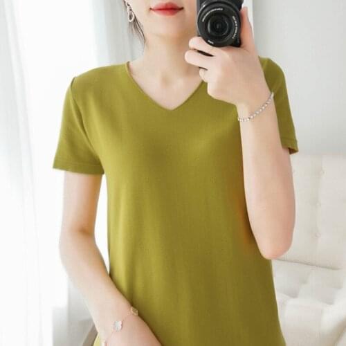Summer V-neck cotton knitted short-sleeved womens thin loose casual knitted T-shirt short-sleeved solid color all-match top