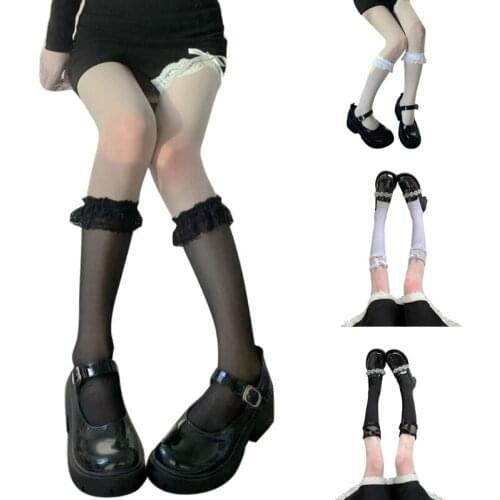 K3NF Sweet Lolita Silky Long Socks Ruffled Lace Bow Harajuku Kawaii College Stockings