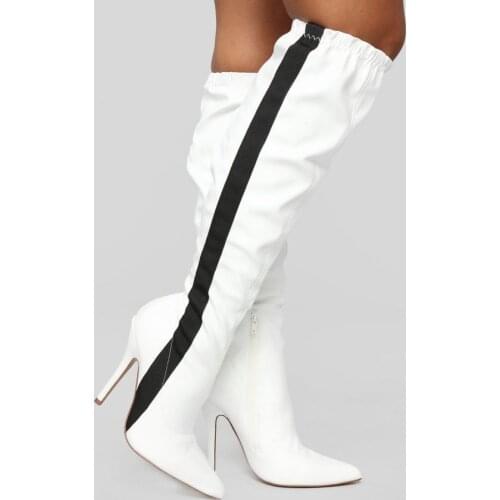 Fashion Woman Black White Leather Stripe Patchwork Knee Boots Elastic Opening Pointed toe Thin Heels Long Boots