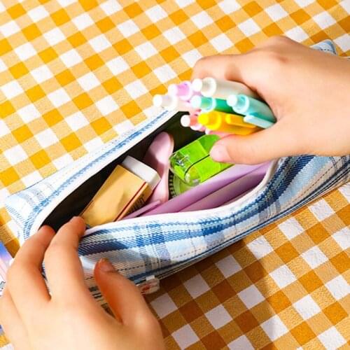Fashion Grid Stripe Canvas Pen Bag Hand Stationery Pouch Pencil Cases Simple Japanese Style Grid Student Pencil Bag Case