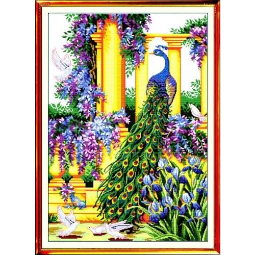 Animal Purple Flowers&Peacock Cross Stitch Kits 11CT Accurate Printed Embroidery DIY Handmade Needle Work Home Decor Set Art