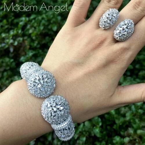 ModemAngel African Bangle Rings Set For Women With AAA Cubic Zirconia Pave Setting Female Party Accessories