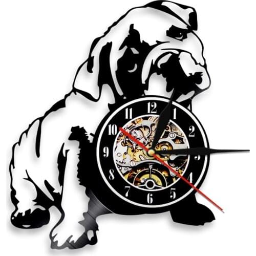English Bulldog Shadow Wall Art Decor Dog Puppy Vinyl Record Wall Clock Animal Clock Art Pet Nursery Decoration Gifts