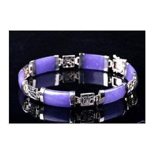 New hot Genuine Purple Jade Gem Link Sterling Silver Bracelet 7.5"