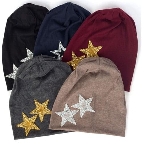 New Fashion Cotton Beanie Hats For Women Rhinestones Star Warm Baggy Skullies Beanies Female Solid Color Slouchy Bonnet Caps Hat