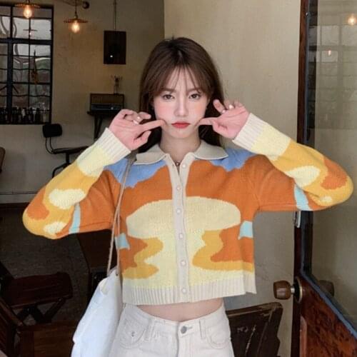 Autumn Harajuku Single Breasted Painting Knitted Cardigan Women Turn Down Collar Sweater Coat Female Long Sleeve Short Knittwear