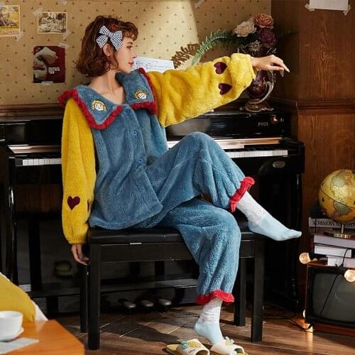 Pajamas Women 's Autumn and Winter Cute Korean -Style Long-Sleeved Coral Fleece Internet-Famous Outdoors Homewear Schoolgirl Out