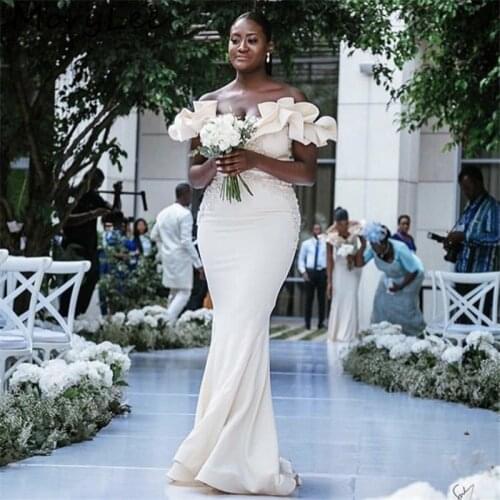 Ivory Bridesmaid Dresses Floor Length Sweep Train Mermaid Lace Applique Silk Satin Ruffle Wedding Party Bridemaid Dresses