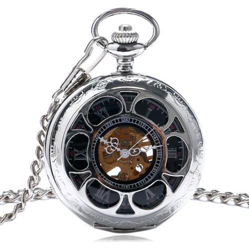 Hollow Case Roman Numeral Dial Pocket Watch Hand Wind Mechanical Men Watches Silver Color Vintage Style Man Clock Xmas Gifts