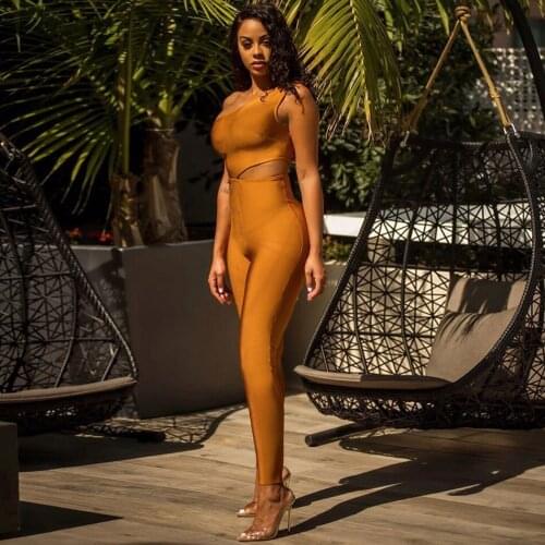 Simple One Shoulder Cut Out Sleeveless Cold Shoulder Long Leg Bandage Sheath Jumpsuit