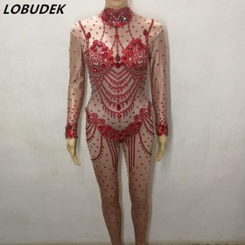 Sexy Nude Red Black Glass Diamond Jumpsuit Stretch Skinny Bodysuit Female Nightclub Clothing Bar DJ Singer Pole Dancing Costumes