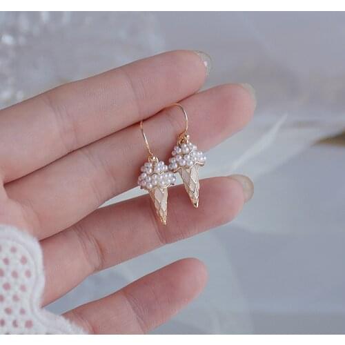 Korean Delicate Texture Full Pearl Ice Cream Earring Cute Creative 14K Real Gold Drop Earring Minimalist Tiny Brincos Jewelry