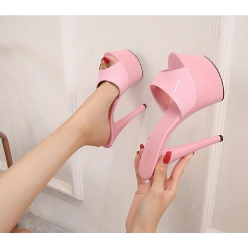 Large Size Slipper Outsid Multicolor PU Patent Leather Platform Super High Heels 17cm Thin Heel Solid Womens Shoes 2019 New