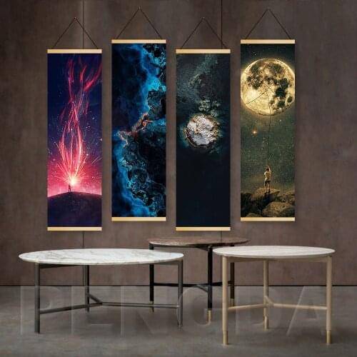 Modern Print Home Decoration Wall Art Star Moon Scenery Pictures Wooden Scroll Hanging Painting Nordic Canvas Poster Living Room