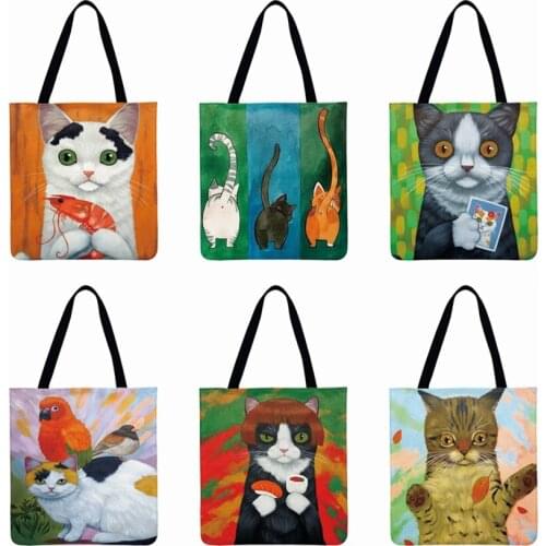 Cool Coffee Cat Printed Tote Bag for women Shoulder Bag linen febric Casual Tote Foldable Shopping Bag Reusable Beach Bag