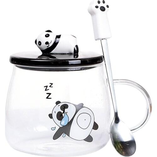 Heat-resistant Cute Mug Panda Glass Household Mug with Lid Spoon Drinking Cup Couple Office Milk Taza Desayuno Coffee Mug DD60MG