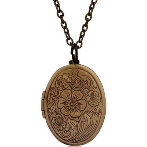 Vintage Antique Bronze Floral Patterns Carved Oval Locket Picture Memento Necklace Mothers Day Gift Put Photos Box
