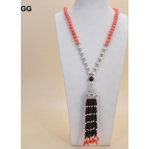 GuaiGuai Jewelry 25" Natural Pearl Garnet Coral CZ Pendant Necklace
