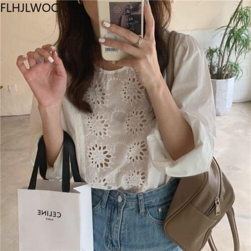 Women Blouse Chic Korea Design Japanese Style Girls O Neck Hollow Out White Lace Tops Blusas
