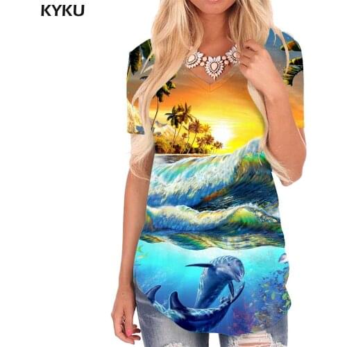 KYKU Landscape T Shirt Women Waves Funny T shirts Fish T-shirts 3d Galaxy V-neck Tshirt Coconut Tree Tshirts Printed