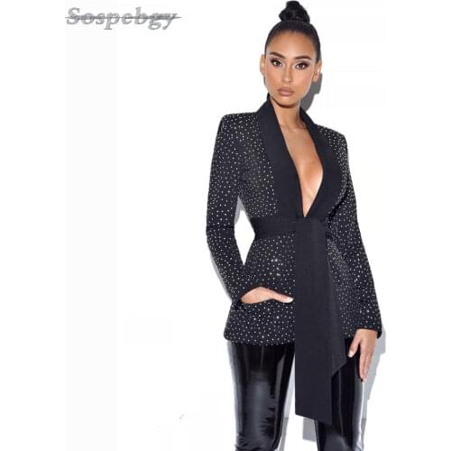 Womens Fashion Long Sleeved Jacket Sexy Deep V-Neck Diamond-Shaped Belt Bodycon Midi Black Jacket 2021 Autumn New