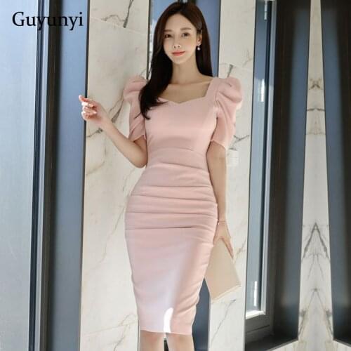 Elegant Office Lady Dress 2021 Summer Small Sexy Square Collar Puff Sleeve Temperament High Waist Tight Womens Party Dresses