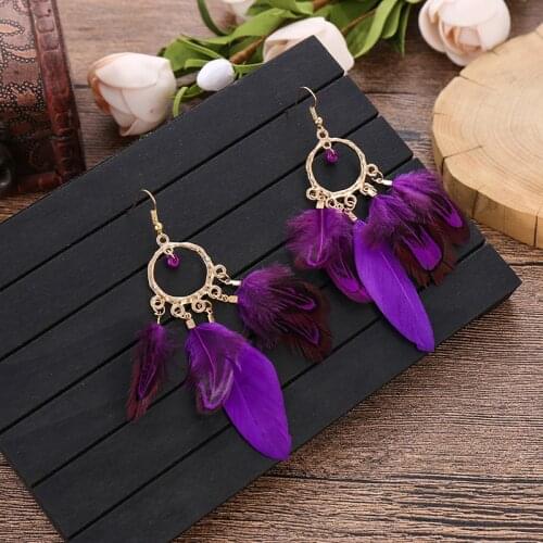 2021 Vintage Fashion Purple Natural Feather Hook Earring Bohemian Round Circle Long Dangle Earrings For Women Jewelry