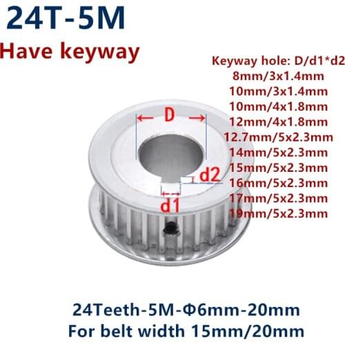 24 Teeth HTD 5M Synchronous Timing Pulley Keyway Bore 8/10/12/14/15/16/17/18/19/20mm for Width 15/20mm HTD5M 24Teeth 24T