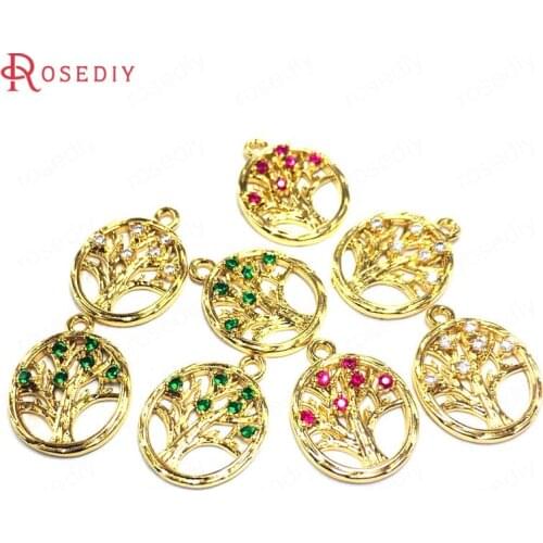 38603)10PCS 13x17MM 24K Champagne Gold Color Brass and Zircon Round Tree Pendants Jewelry Making Supplies Diy Accessories