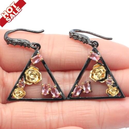 39x26mm Neo-Gothic Trangle Created Pink Morganite Smokey Quartz Cool Black Metal Silver Earrings Pendant Jewelry Set