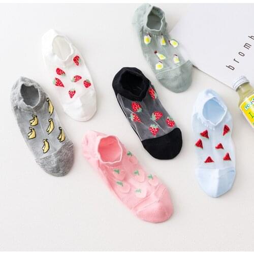 6 Pairs Funny Socks Women Casual Summer Transparent Harajuku Fruit Print Ankle Socks School Girls Breathable Invisible Socks