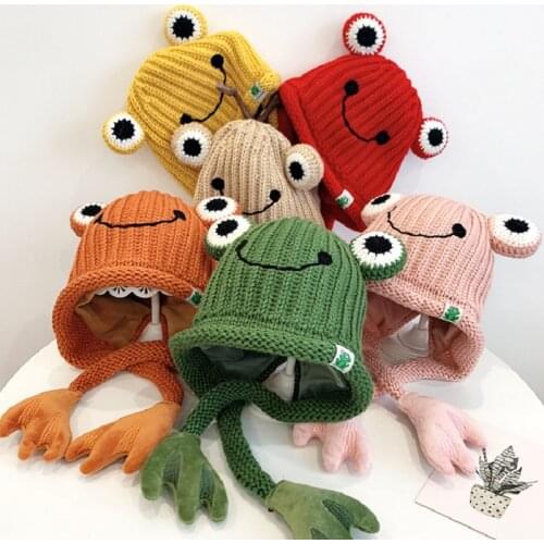 Childrens Autumn and Winter Knitted Hat Cartoon Frog Warm Outdoor Sports Ear Protection Cap Baby Woolen Hat