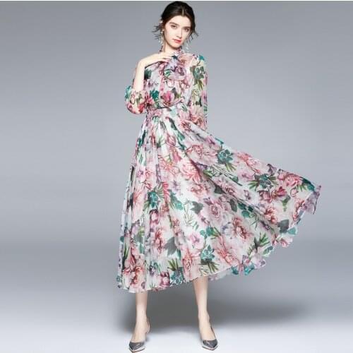 JSXDHK 2021 Summer Fashion Runway Chiffon Boho Pink Dress Elegant Womens Bow Collar Flower Print Female Holiday Beach Vestidos