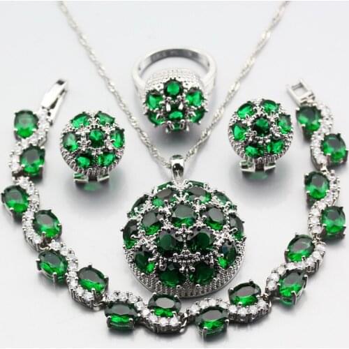Manny Trinket Big Ball Green Zircon Silver-Color Jewelry Sets For Women Ring Size 6-7-8-9-10 Bracelet Length 20cm W312
