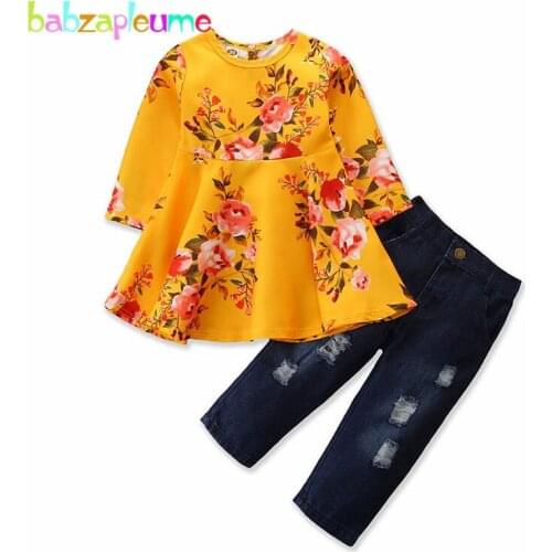 2Piece/Baby Spring Outfits Toddler Girls Clothes Fashion Flowers Long Sleeve T-shirt+Hole Jeans For Children Clothing Set BC1593