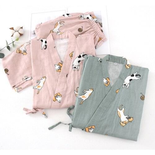 2020 Lover Clothing Set Kawaii Printed Kimono Yukata Cotton Steaming Wear Pajamas Man Woman Bathrobe Nightgown 2PCS Japanese