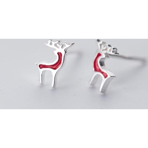 MloveAcc Lovely Literary Fresh Fashion 925 Sterling Silver Jewelry Cute Red Enamel Deer Christmas Gift Stud Earrings