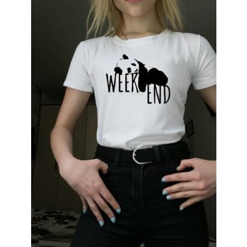 Fashion Casual Women T-Shirt Panda Weekend Letter Print Short Sleeve O-Neck Cute Tee Tops Girls' Graphic Tumblr Tee Shirts