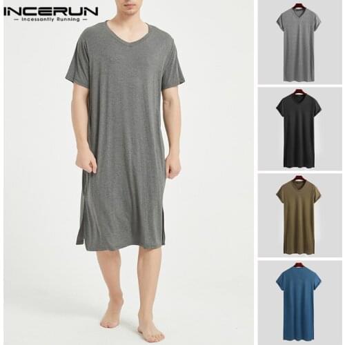 Men Sleep Robes Homewear Short Sleeve 2021 Solid Cotton Comfortable V Neck Soft Bathrobes Leisure Men Nightgown INCERUN S-3XL